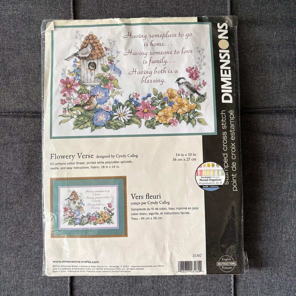 Flowery Verse Birds & Flowers Vintage Stamped Cross Stitch Kit Dimensions - 1996